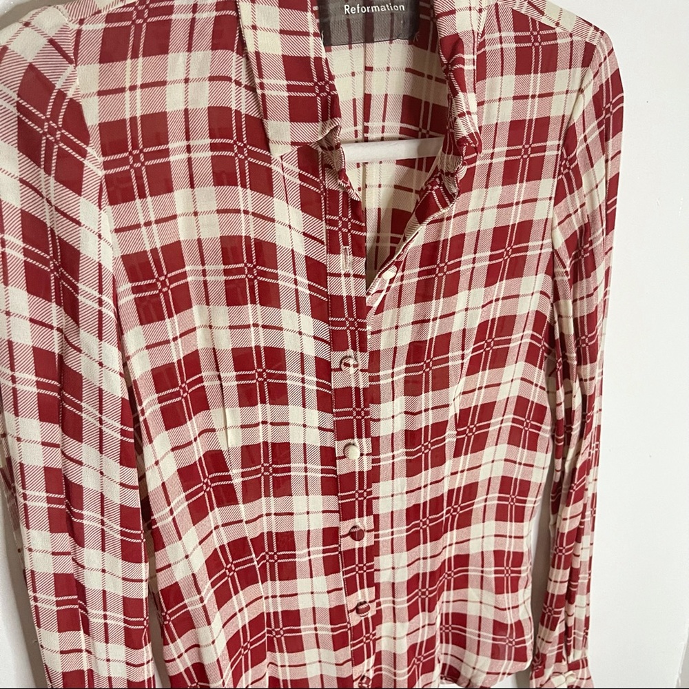 Reformation Red and Cream Plaid Button-Up Shirt - Picture 7 of 8